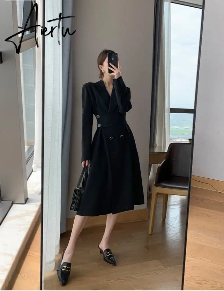 Aiertu Hot New Design Korean Style High Street Womens Fashion Cute Elegant Office Lady Button Notched Long Split Slit Sexy Blazer Dress Aiertu