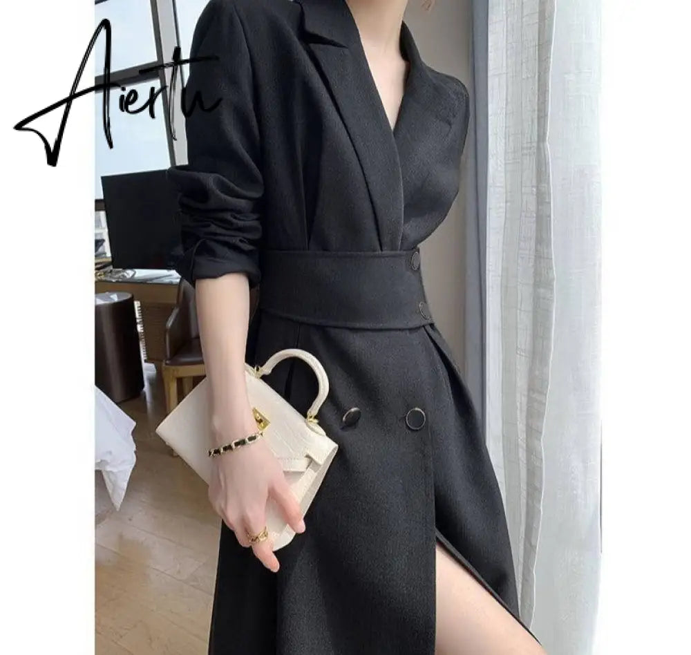 Aiertu Hot New Design Korean Style High Street Womens Fashion Cute Elegant Office Lady Button Notched Long Split Slit Sexy Blazer Dress Aiertu