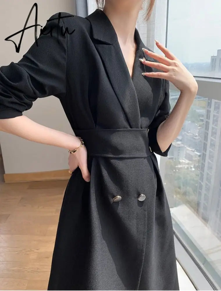 Aiertu Hot New Design Korean Style High Street Womens Fashion Cute Elegant Office Lady Button Notched Long Split Slit Sexy Blazer Dress Aiertu