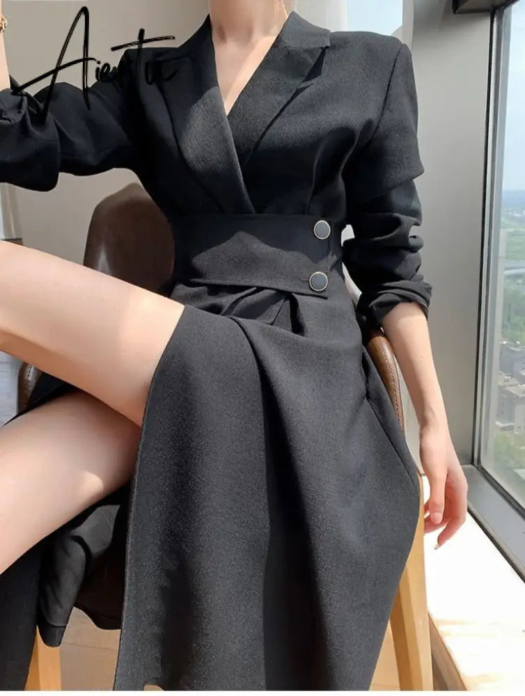 Aiertu Hot New Design Korean Style High Street Womens Fashion Cute Elegant Office Lady Button Notched Long Split Slit Sexy Blazer Dress Aiertu