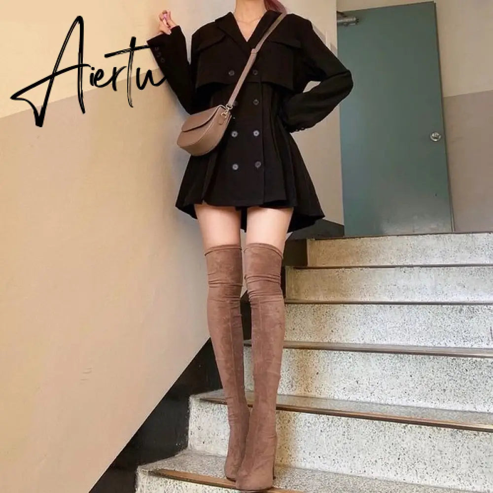 Aiertu Hot New Design Korean Style High Street Womens Fashion Cute Elegant Office Lady Double Breasted Button Notched Mini Blazer Dress Aiertu