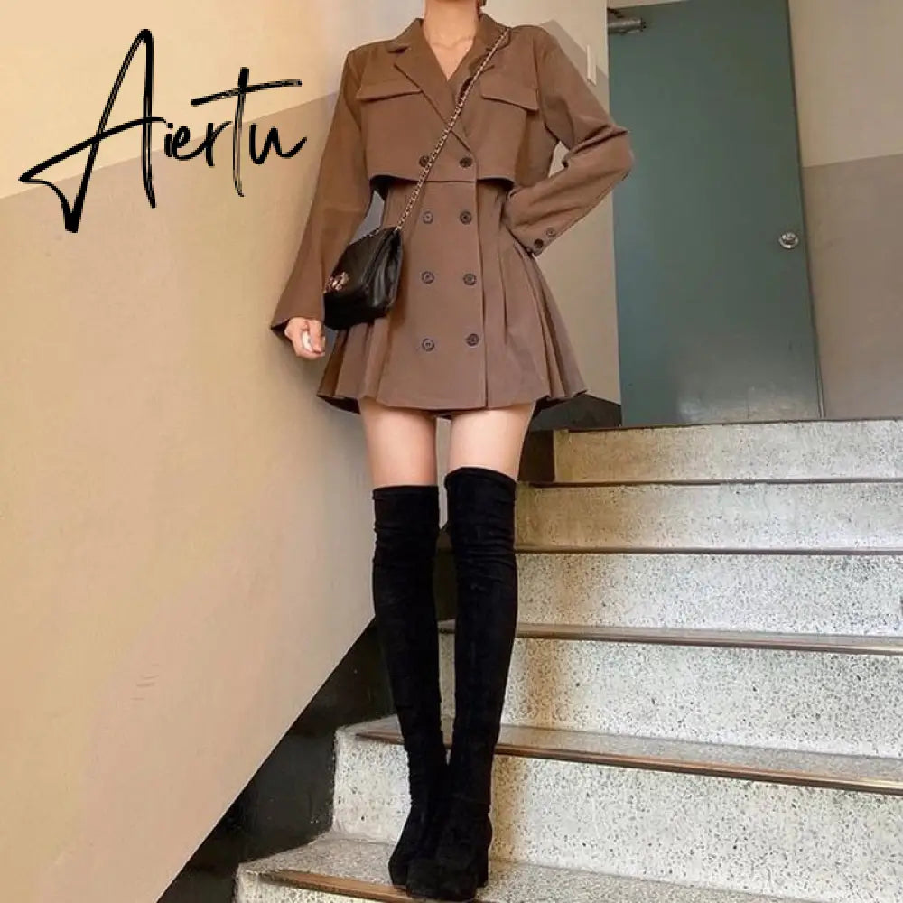 Aiertu Hot New Design Korean Style High Street Womens Fashion Cute Elegant Office Lady Double Breasted Button Notched Mini Blazer Dress Aiertu