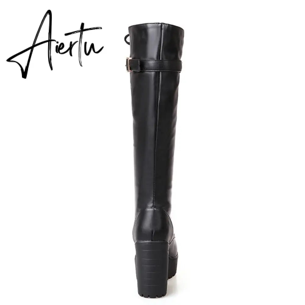 Aiertu Hot Sale Spring Autumn Lacing Knee High Boots Women Fashion White Square Heel Woman Leather Shoes Winter PU Large Size 43 Aiertu