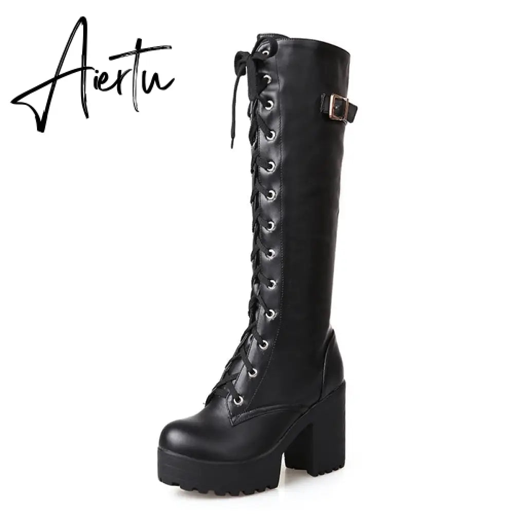 Aiertu Hot Sale Spring Autumn Lacing Knee High Boots Women Fashion White Square Heel Woman Leather Shoes Winter PU Large Size 43 Aiertu