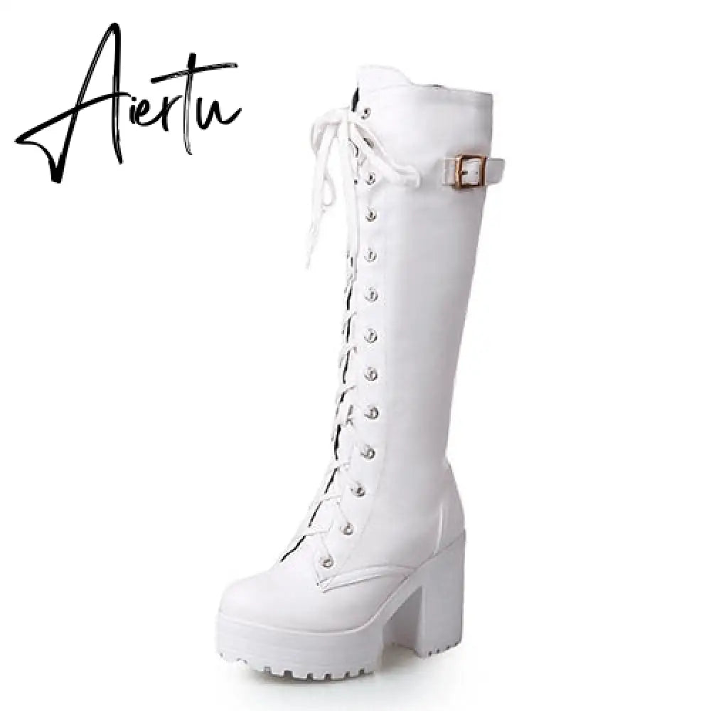 Aiertu Hot Sale Spring Autumn Lacing Knee High Boots Women Fashion White Square Heel Woman Leather Shoes Winter PU Large Size 43 Aiertu