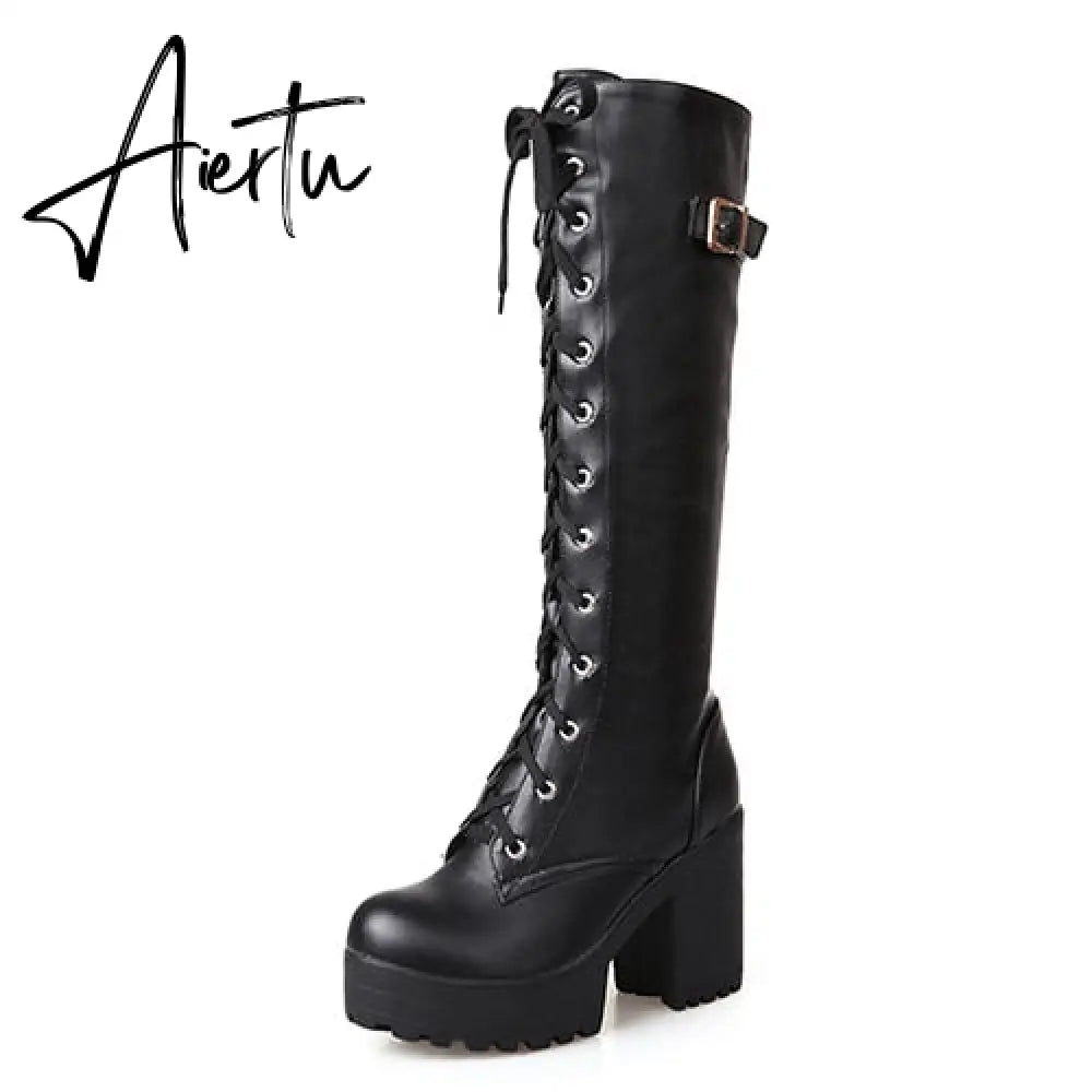 Aiertu Hot Sale Spring Autumn Lacing Knee High Boots Women Fashion White Square Heel Woman Leather Shoes Winter PU Large Size 43 Aiertu