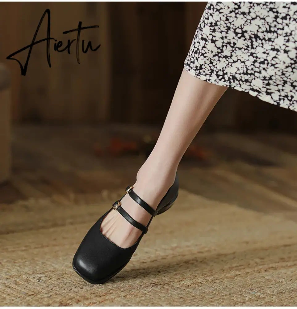Aiertu HOT SALE Spring Fashion Women Shoes Round Toe Chunky Heel Shoes Women Cow Leather Low Heel Women Pumps Solid Retro Mary Janes Aiertu