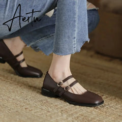 Aiertu HOT SALE Spring Fashion Women Shoes Round Toe Chunky Heel Shoes Women Cow Leather Low Heel Women Pumps Solid Retro Mary Janes Aiertu