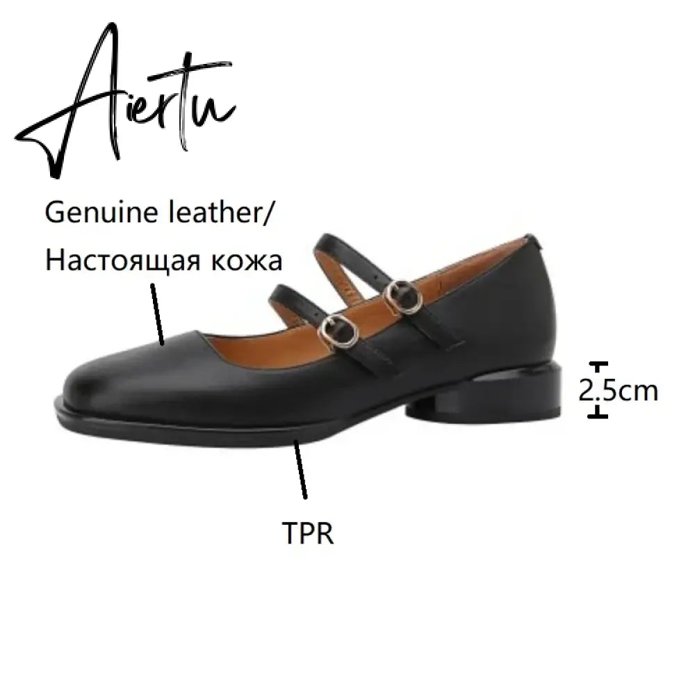 Aiertu HOT SALE Spring Fashion Women Shoes Round Toe Chunky Heel Shoes Women Cow Leather Low Heel Women Pumps Solid Retro Mary Janes Aiertu