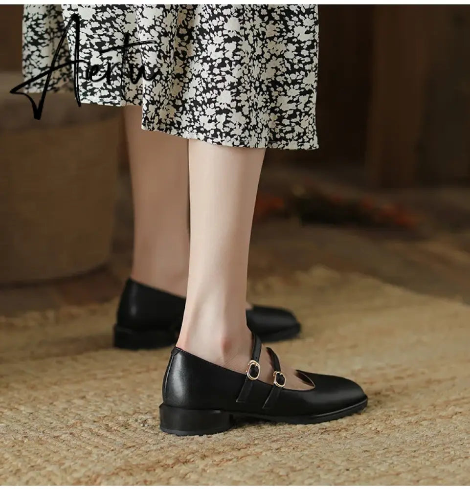 Aiertu HOT SALE Spring Fashion Women Shoes Round Toe Chunky Heel Shoes Women Cow Leather Low Heel Women Pumps Solid Retro Mary Janes Aiertu