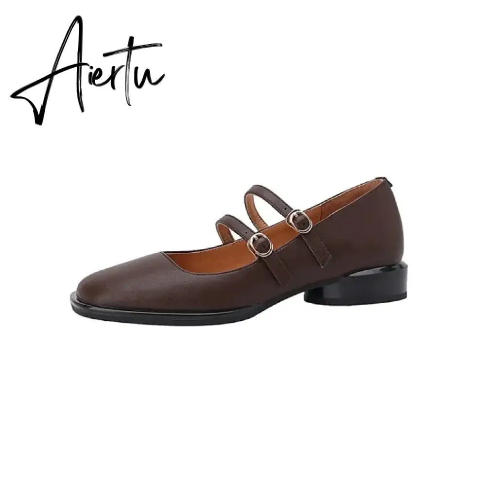 Aiertu HOT SALE Spring Fashion Women Shoes Round Toe Chunky Heel Shoes Women Cow Leather Low Heel Women Pumps Solid Retro Mary Janes Aiertu
