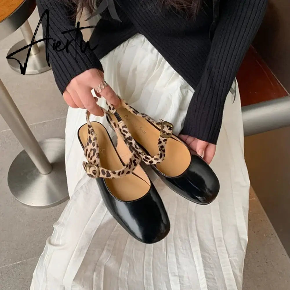 Aiertu HOT SALE Spring Women Pumps Patent Leather Round Toe Splicing Leopard Print One-line Buckle Low-heel Women Shoes Mary Jane Shoes Aiertu