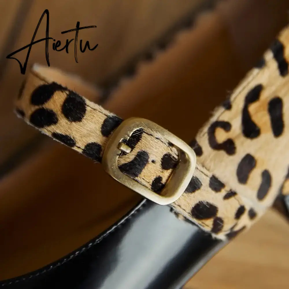 Aiertu HOT SALE Spring Women Pumps Patent Leather Round Toe Splicing Leopard Print One-line Buckle Low-heel Women Shoes Mary Jane Shoes Aiertu