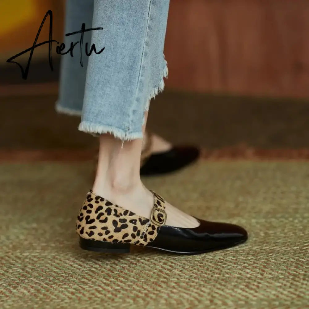Aiertu HOT SALE Spring Women Pumps Patent Leather Round Toe Splicing Leopard Print One-line Buckle Low-heel Women Shoes Mary Jane Shoes Aiertu