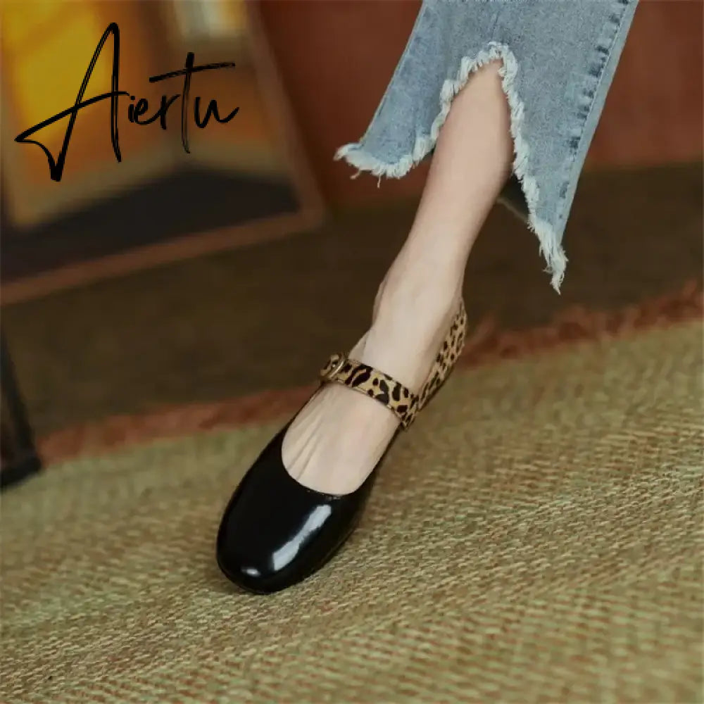 Aiertu HOT SALE Spring Women Pumps Patent Leather Round Toe Splicing Leopard Print One-line Buckle Low-heel Women Shoes Mary Jane Shoes Aiertu