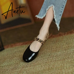 Aiertu HOT SALE Spring Women Pumps Patent Leather Round Toe Splicing Leopard Print One-line Buckle Low-heel Women Shoes Mary Jane Shoes Aiertu