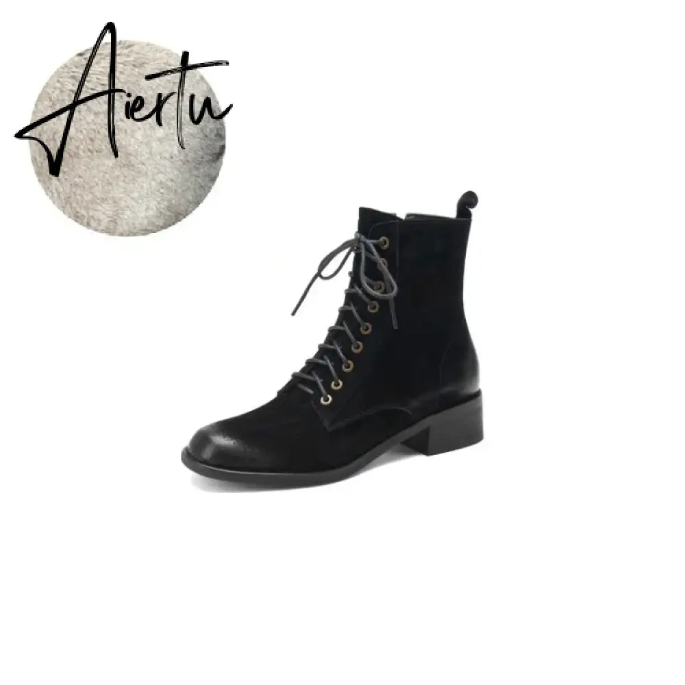 Aiertu HOT SALES Fall Shoes Zipper Genuine Leather Boots Women Retro Lace Ankle Boots for Women Plus Size 42 Fashion Winter Boots Women Aiertu