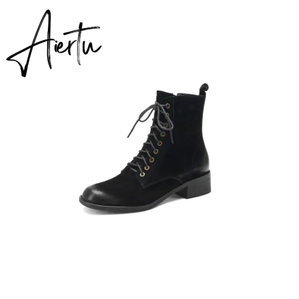 Aiertu HOT SALES Fall Shoes Zipper Genuine Leather Boots Women Retro Lace Ankle Boots for Women Plus Size 42 Fashion Winter Boots Women Aiertu