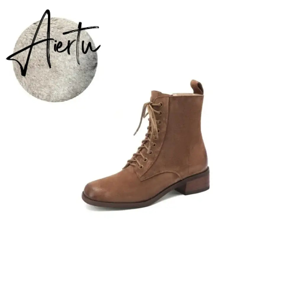 Aiertu HOT SALES Fall Shoes Zipper Genuine Leather Boots Women Retro Lace Ankle Boots for Women Plus Size 42 Fashion Winter Boots Women Aiertu