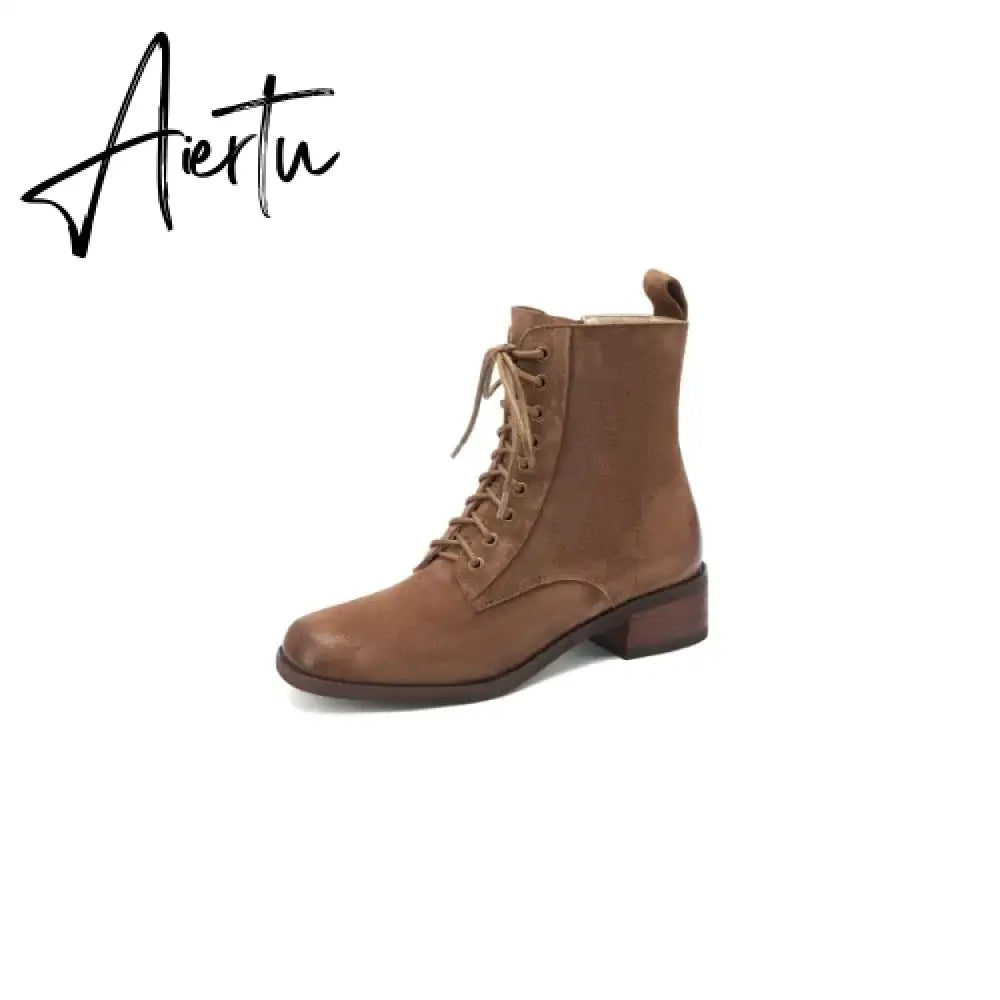 Aiertu HOT SALES Fall Shoes Zipper Genuine Leather Boots Women Retro Lace Ankle Boots for Women Plus Size 42 Fashion Winter Boots Women Aiertu