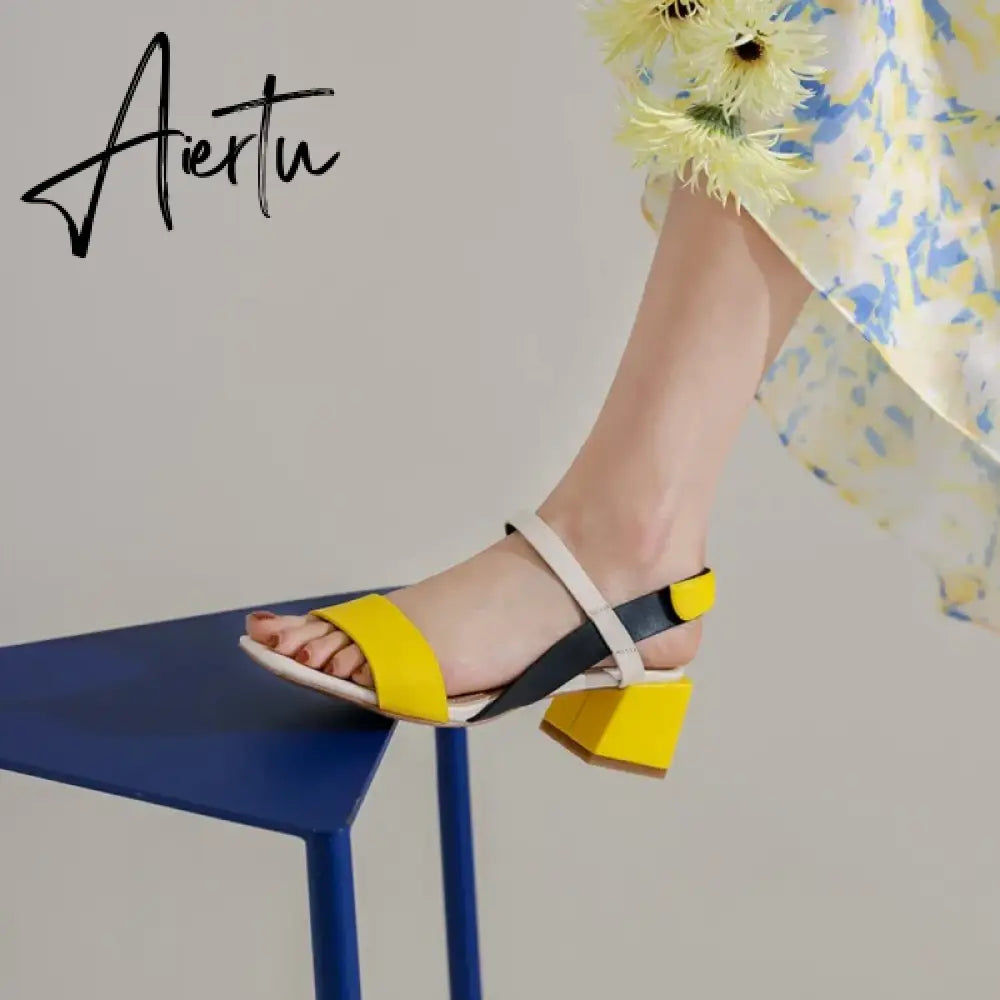 Aiertu HOT SALES Summer Sandals Women Open Toe Chunky Heel Women Shoes Narrow Band Mixed Colors High Heel Sandals Genuine Leather Shoes Aiertu