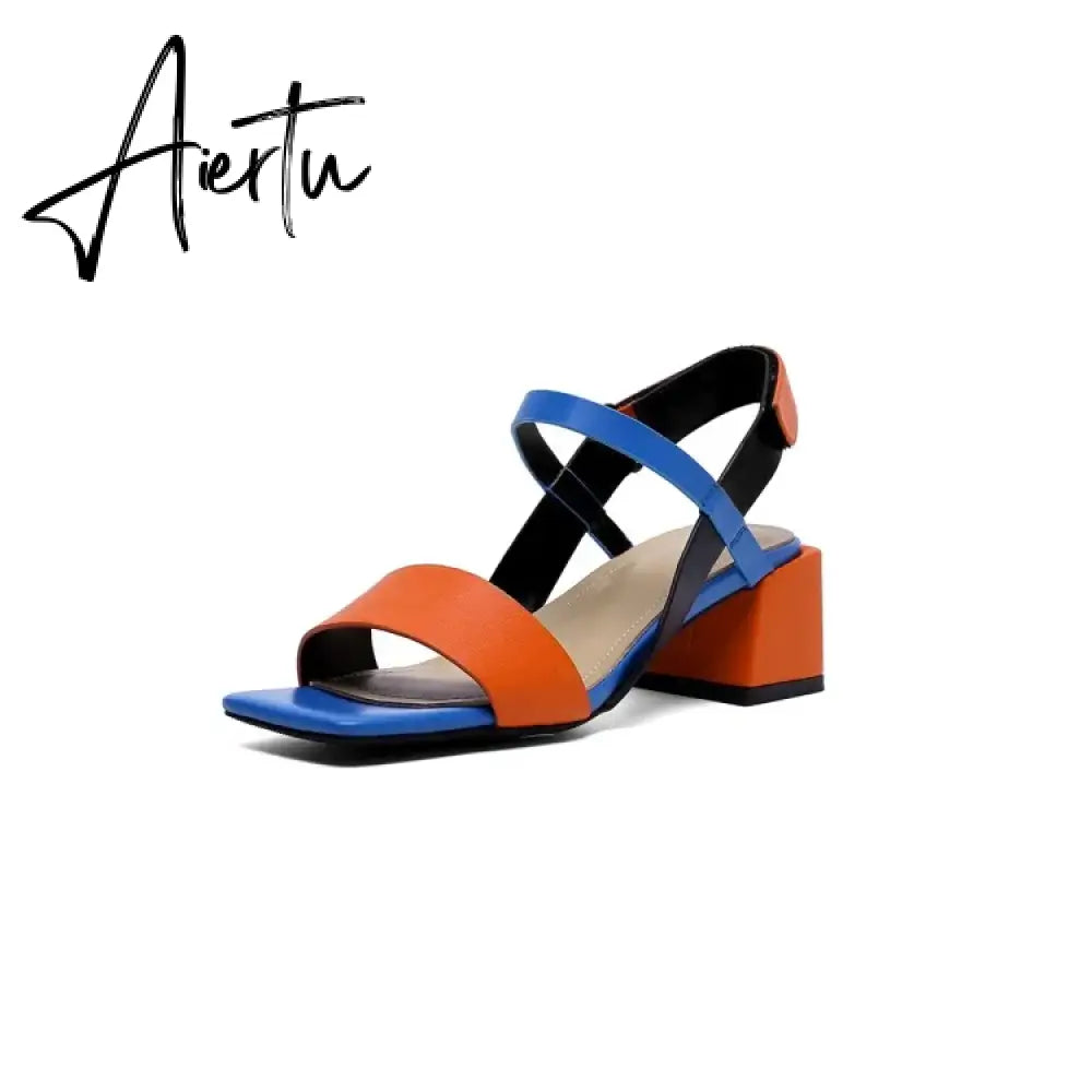 Aiertu HOT SALES Summer Sandals Women Open Toe Chunky Heel Women Shoes Narrow Band Mixed Colors High Heel Sandals Genuine Leather Shoes Aiertu