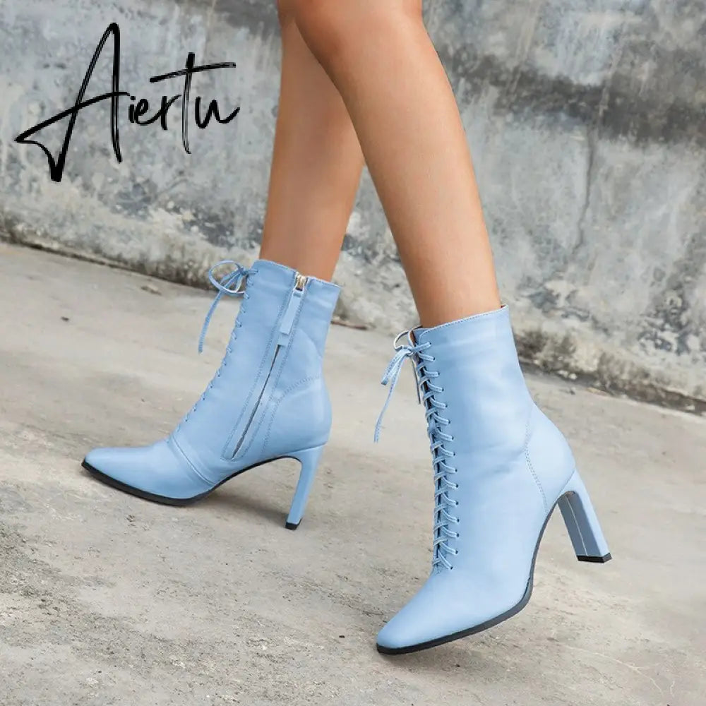 Aiertu Hot Size 35-42 Women Square Head Ankle Boots Fashion Cross Strap Square High Heels Winter Shoes Zipper Office Lady Boots Aiertu