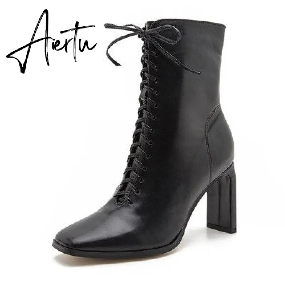 Aiertu Hot Size 35-42 Women Square Head Ankle Boots Fashion Cross Strap Square High Heels Winter Shoes Zipper Office Lady Boots Aiertu