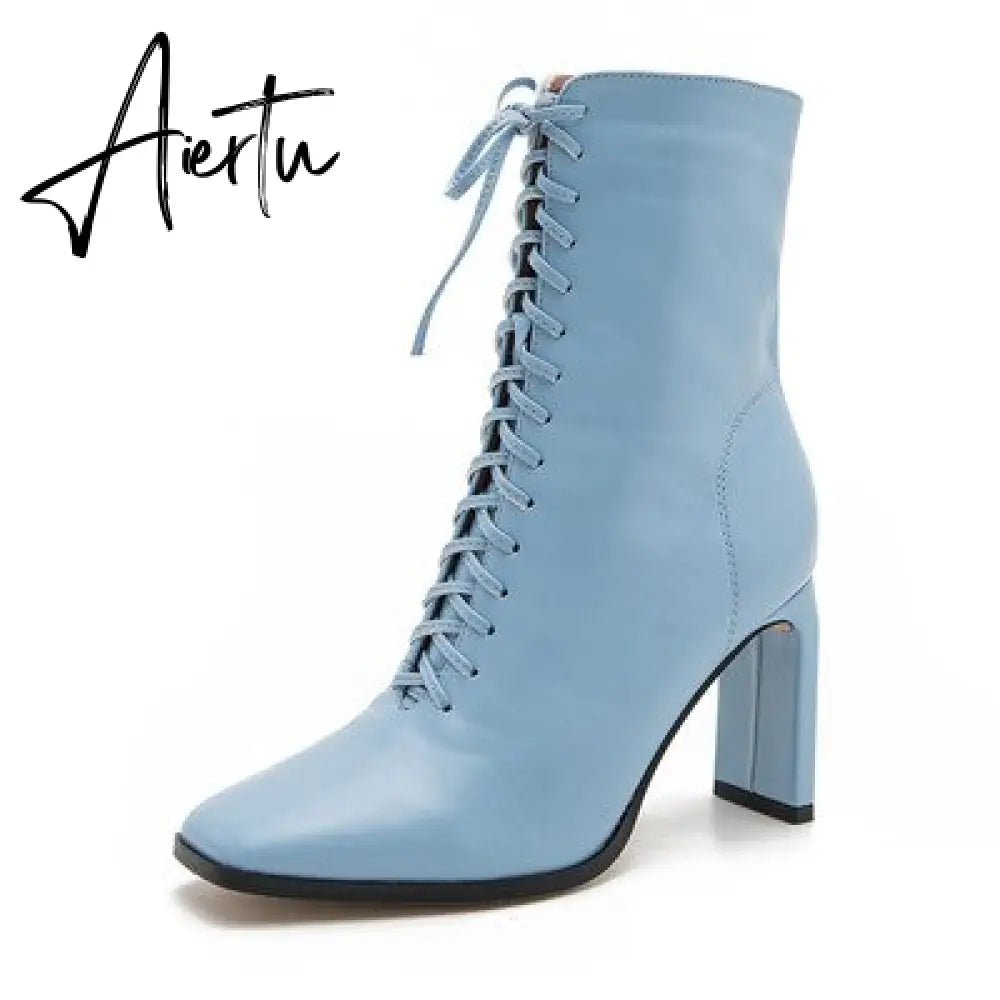 Aiertu Hot Size 35-42 Women Square Head Ankle Boots Fashion Cross Strap Square High Heels Winter Shoes Zipper Office Lady Boots Aiertu