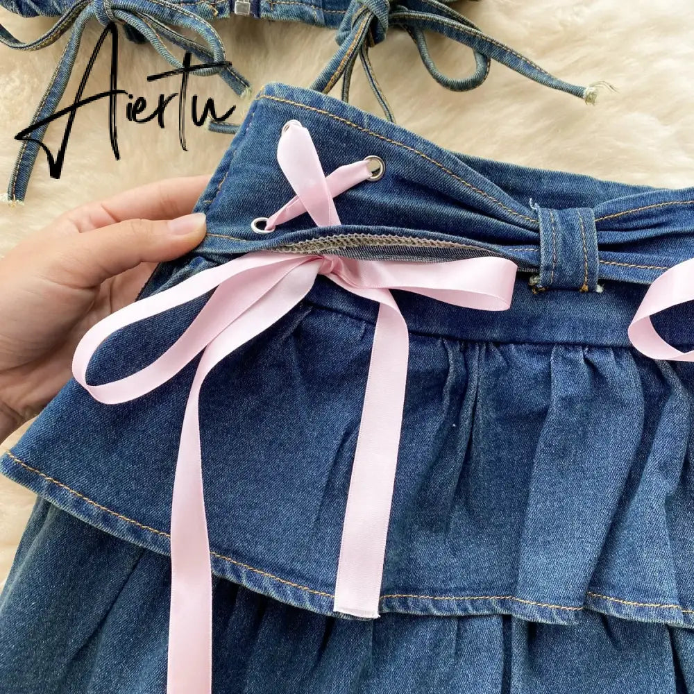 Aiertu  Hotsweet Denim Two Pieces Sets Zipper Strapless Y2K Top+Elastic Mini Culottes Lace Up Cross Bandage Streetwear Suits Aiertu