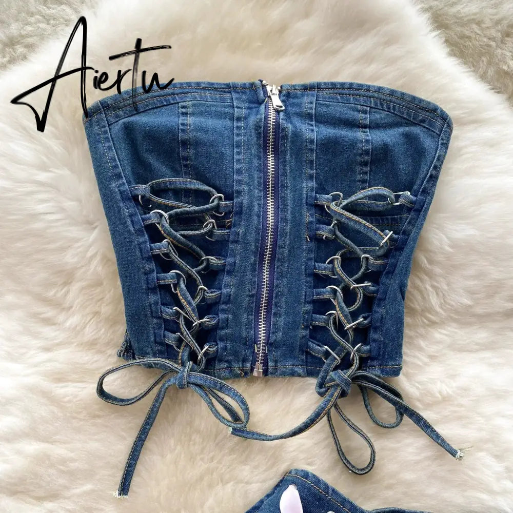 Aiertu  Hotsweet Denim Two Pieces Sets Zipper Strapless Y2K Top+Elastic Mini Culottes Lace Up Cross Bandage Streetwear Suits Aiertu