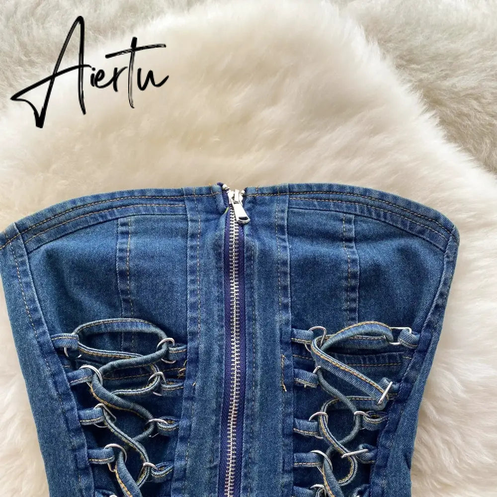 Aiertu  Hotsweet Denim Two Pieces Sets Zipper Strapless Y2K Top+Elastic Mini Culottes Lace Up Cross Bandage Streetwear Suits Aiertu