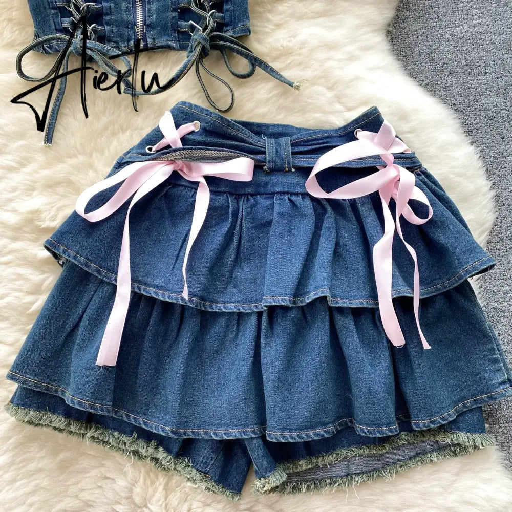 Aiertu  Hotsweet Denim Two Pieces Sets Zipper Strapless Y2K Top+Elastic Mini Culottes Lace Up Cross Bandage Streetwear Suits Aiertu