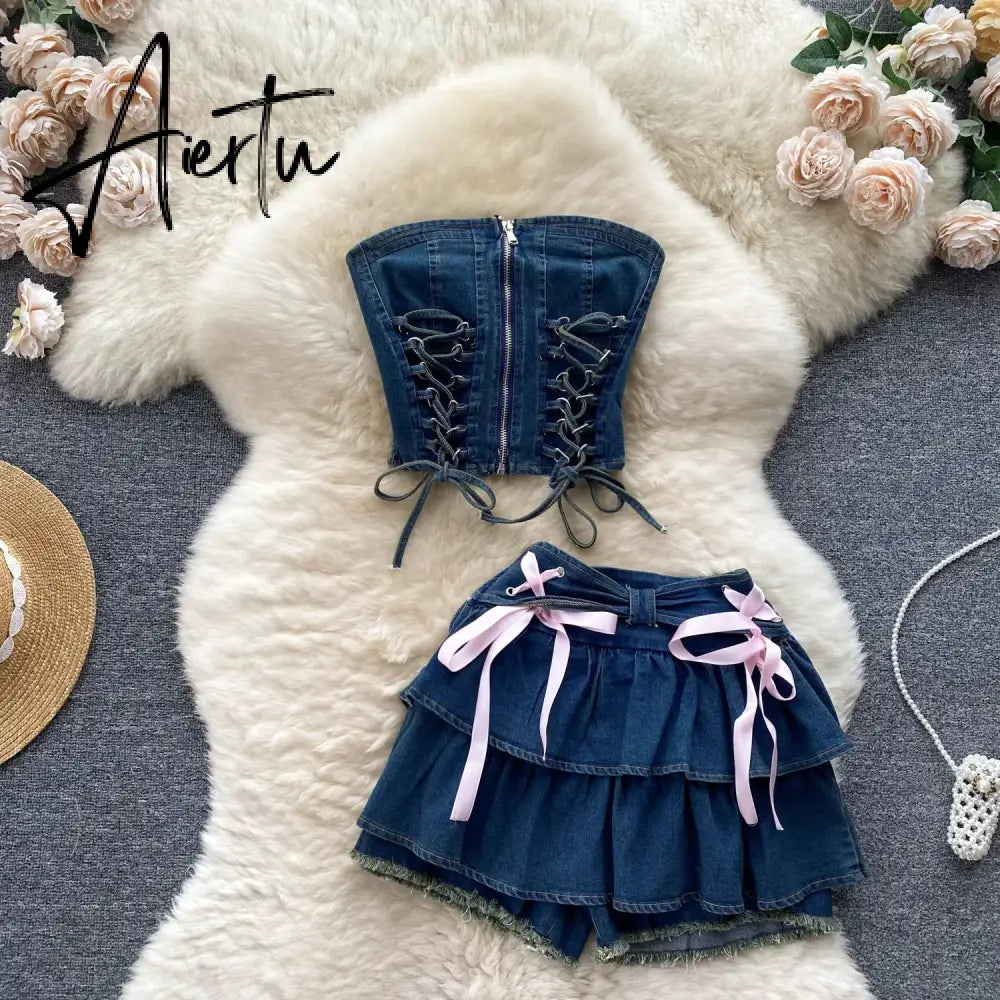 Aiertu  Hotsweet Denim Two Pieces Sets Zipper Strapless Y2K Top+Elastic Mini Culottes Lace Up Cross Bandage Streetwear Suits Aiertu