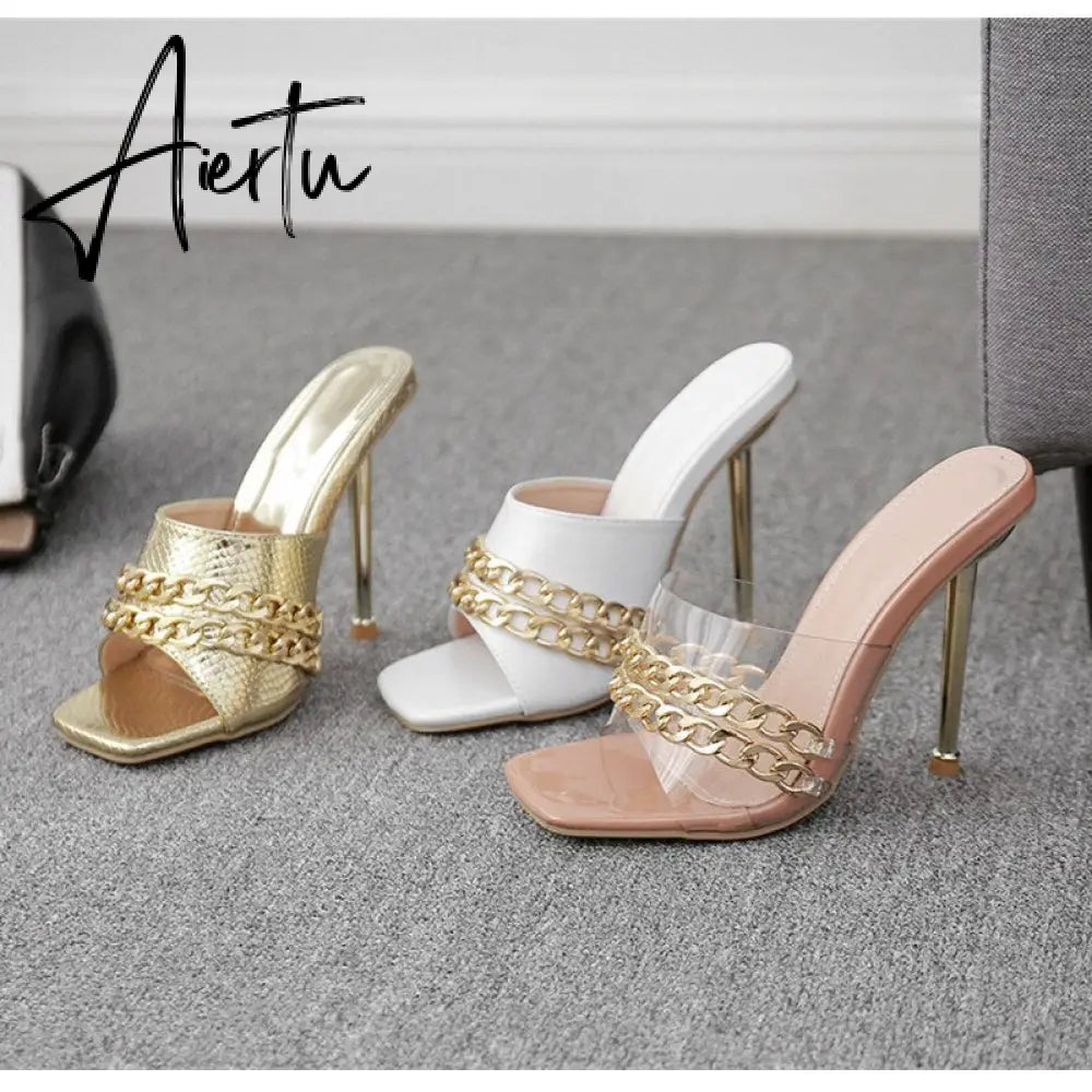 Aiertu Ins style Chains Transparent PVC Women Slippers Fashion Square toe stiletto High heels Mules Sandals Summer Female Slides Shoes Aiertu