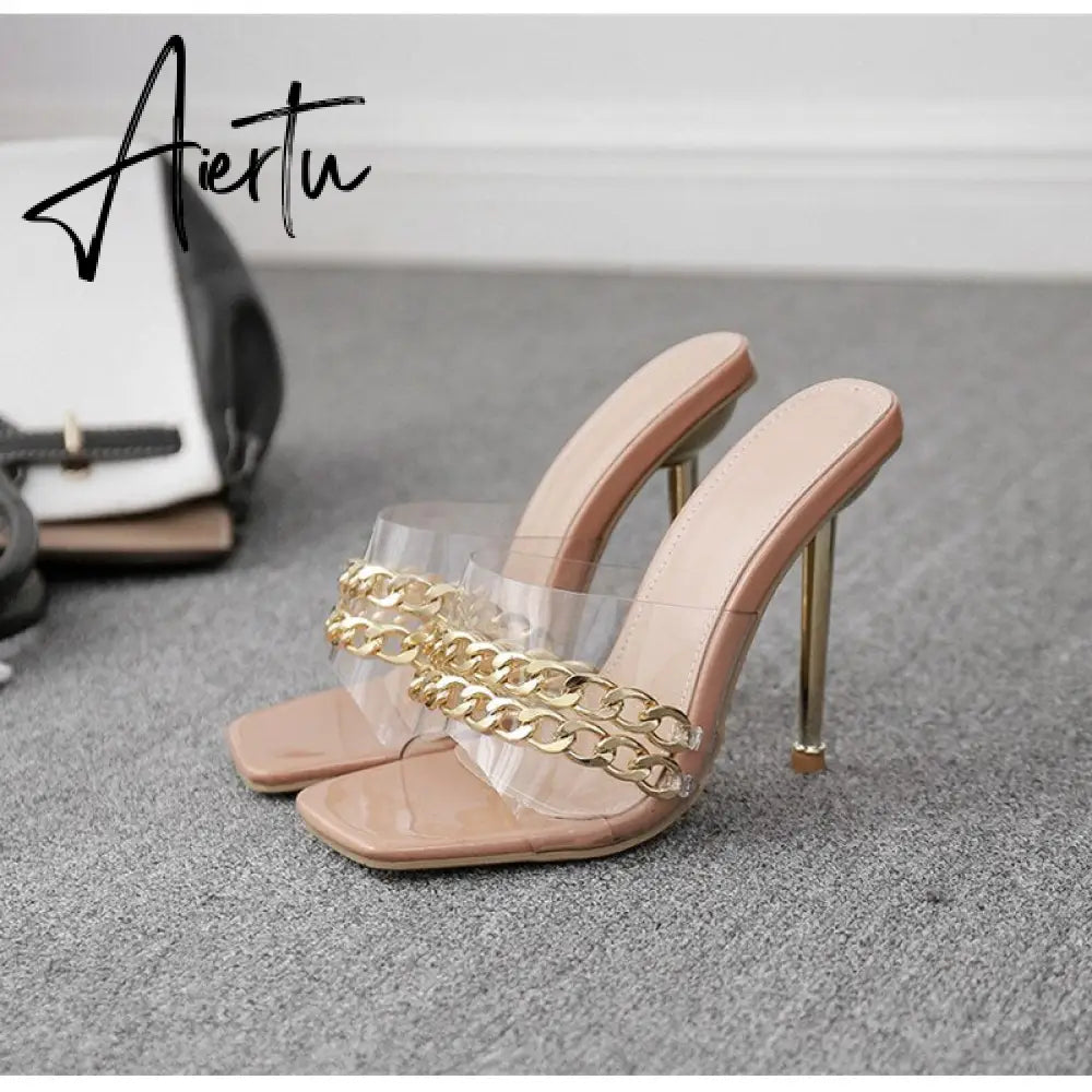 Aiertu Ins style Chains Transparent PVC Women Slippers Fashion Square toe stiletto High heels Mules Sandals Summer Female Slides Shoes Aiertu