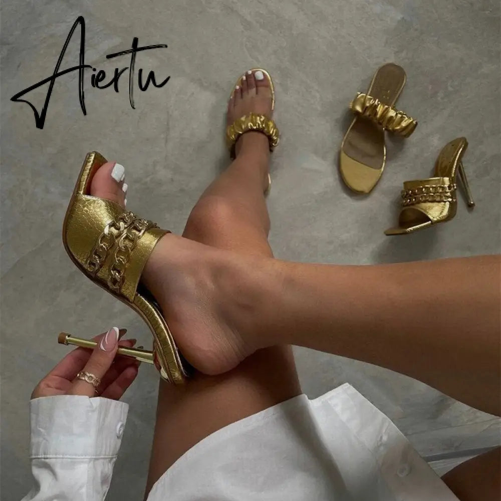 Aiertu Ins style Chains Transparent PVC Women Slippers Fashion Square toe stiletto High heels Mules Sandals Summer Female Slides Shoes Aiertu