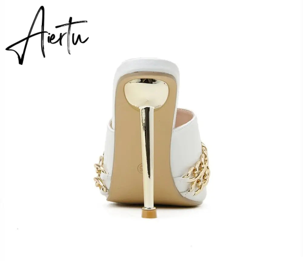 Aiertu Ins style Chains Transparent PVC Women Slippers Fashion Square toe stiletto High heels Mules Sandals Summer Female Slides Shoes Aiertu