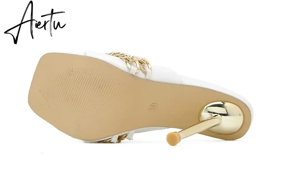 Aiertu Ins style Chains Transparent PVC Women Slippers Fashion Square toe stiletto High heels Mules Sandals Summer Female Slides Shoes Aiertu