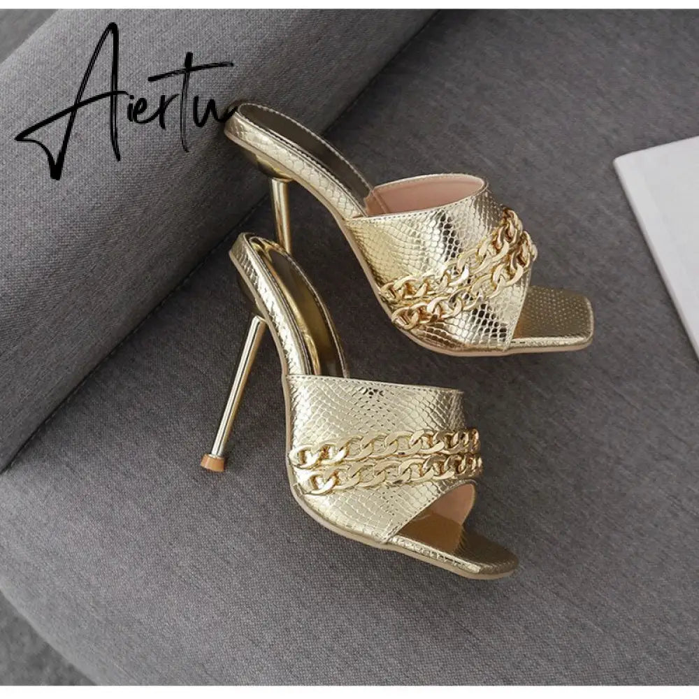 Aiertu Ins style Chains Transparent PVC Women Slippers Fashion Square toe stiletto High heels Mules Sandals Summer Female Slides Shoes Aiertu