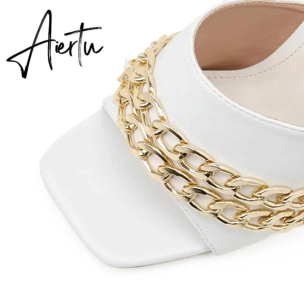 Aiertu Ins style Chains Transparent PVC Women Slippers Fashion Square toe stiletto High heels Mules Sandals Summer Female Slides Shoes Aiertu
