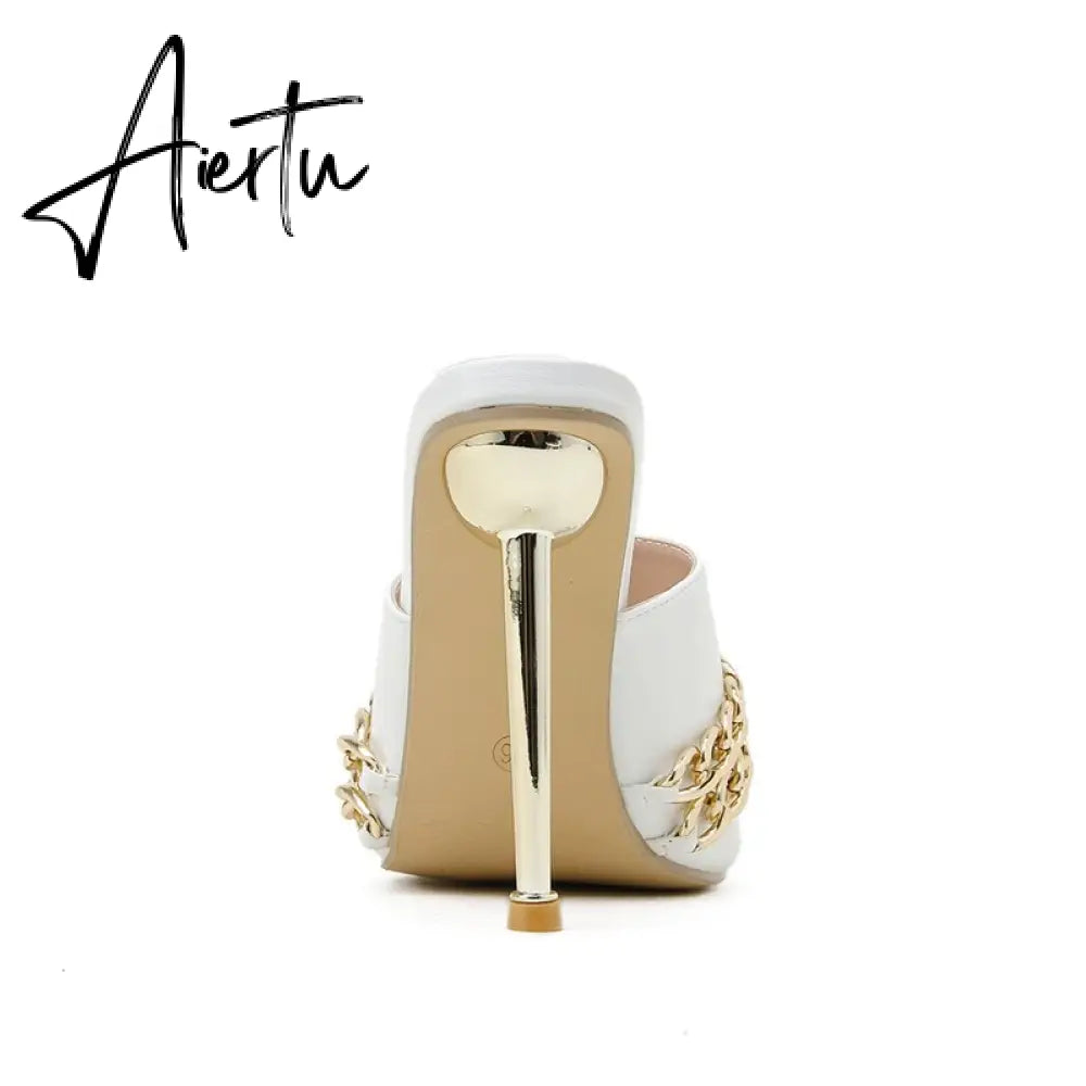 Aiertu Ins style Chains Transparent PVC Women Slippers Fashion Square toe stiletto High heels Mules Sandals Summer Female Slides Shoes Aiertu
