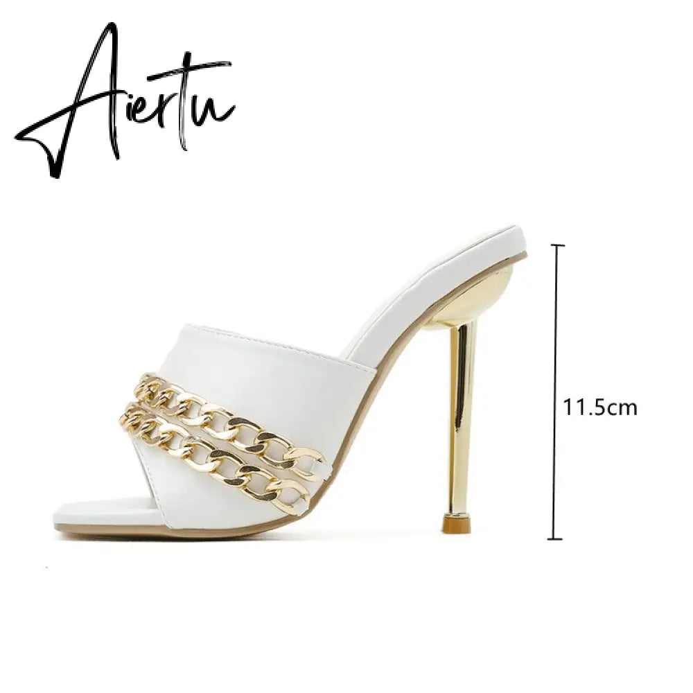 Aiertu Ins style Chains Transparent PVC Women Slippers Fashion Square toe stiletto High heels Mules Sandals Summer Female Slides Shoes Aiertu