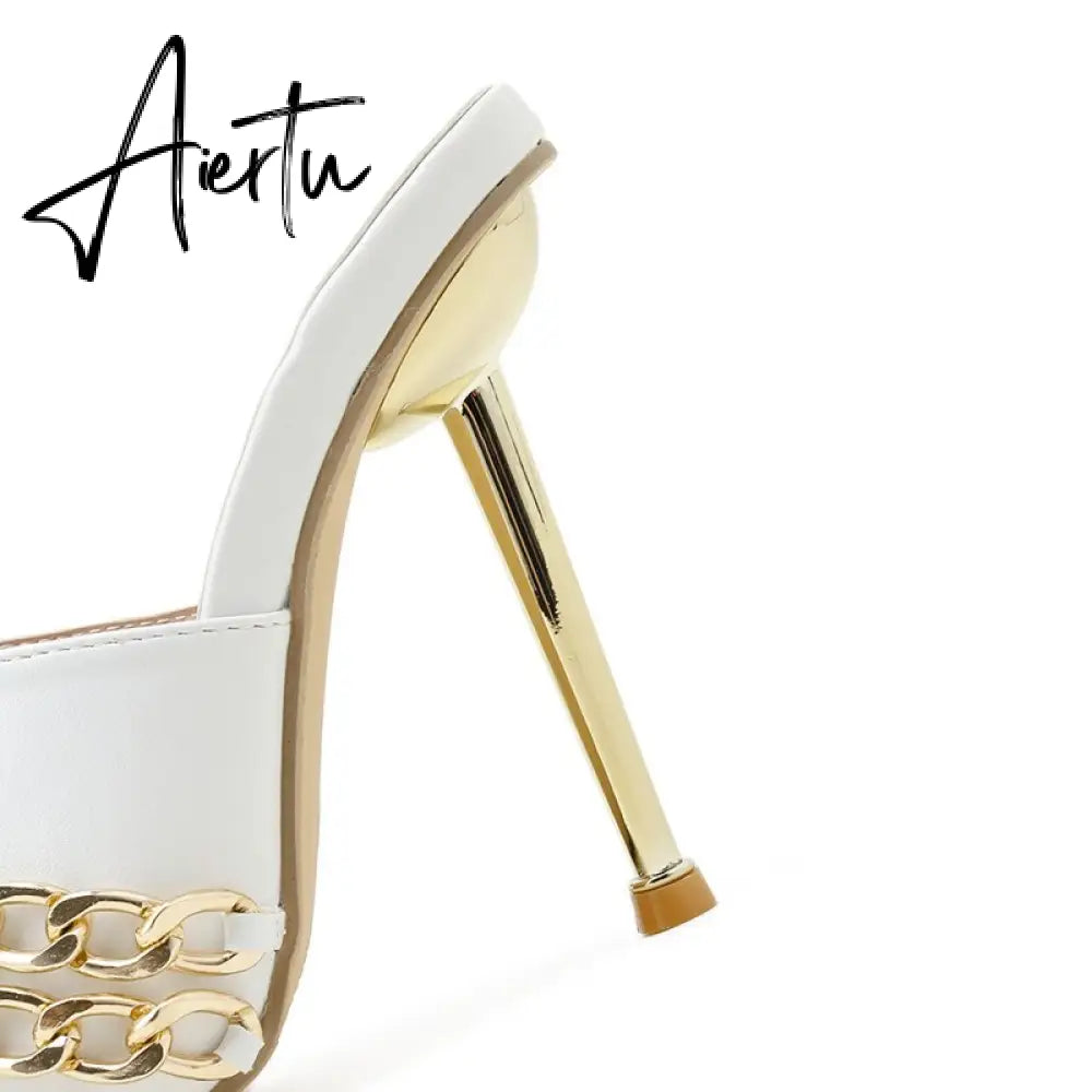 Aiertu Ins style Chains Transparent PVC Women Slippers Fashion Square toe stiletto High heels Mules Sandals Summer Female Slides Shoes Aiertu