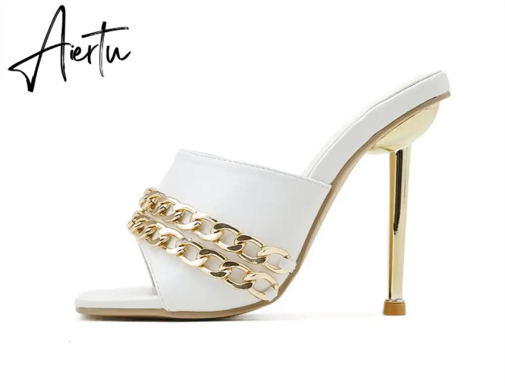 Aiertu Ins style Chains Transparent PVC Women Slippers Fashion Square toe stiletto High heels Mules Sandals Summer Female Slides Shoes Aiertu