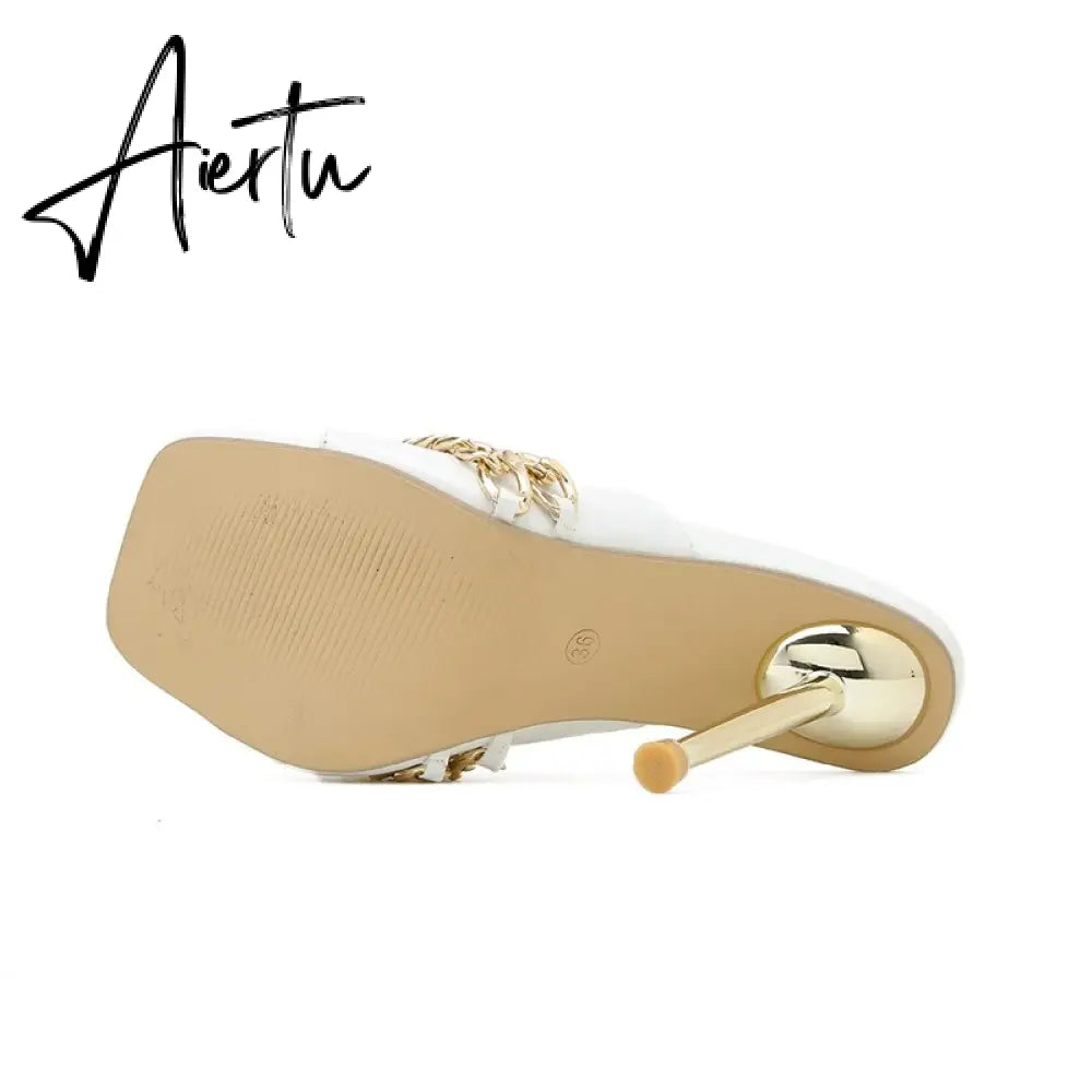 Aiertu Ins style Chains Transparent PVC Women Slippers Fashion Square toe stiletto High heels Mules Sandals Summer Female Slides Shoes Aiertu