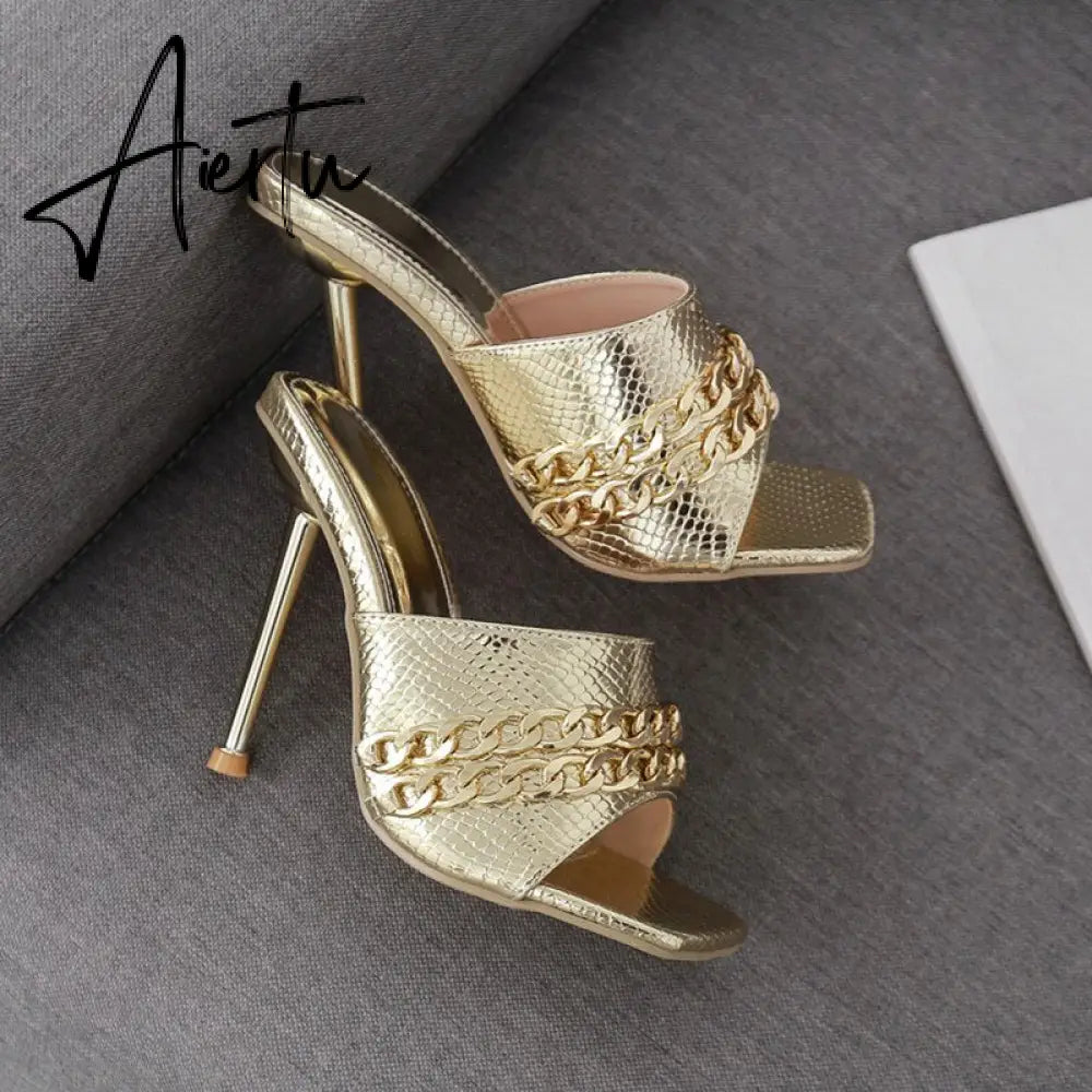Aiertu Ins style Chains Transparent PVC Women Slippers Fashion Square toe stiletto High heels Mules Sandals Summer Female Slides Shoes Aiertu