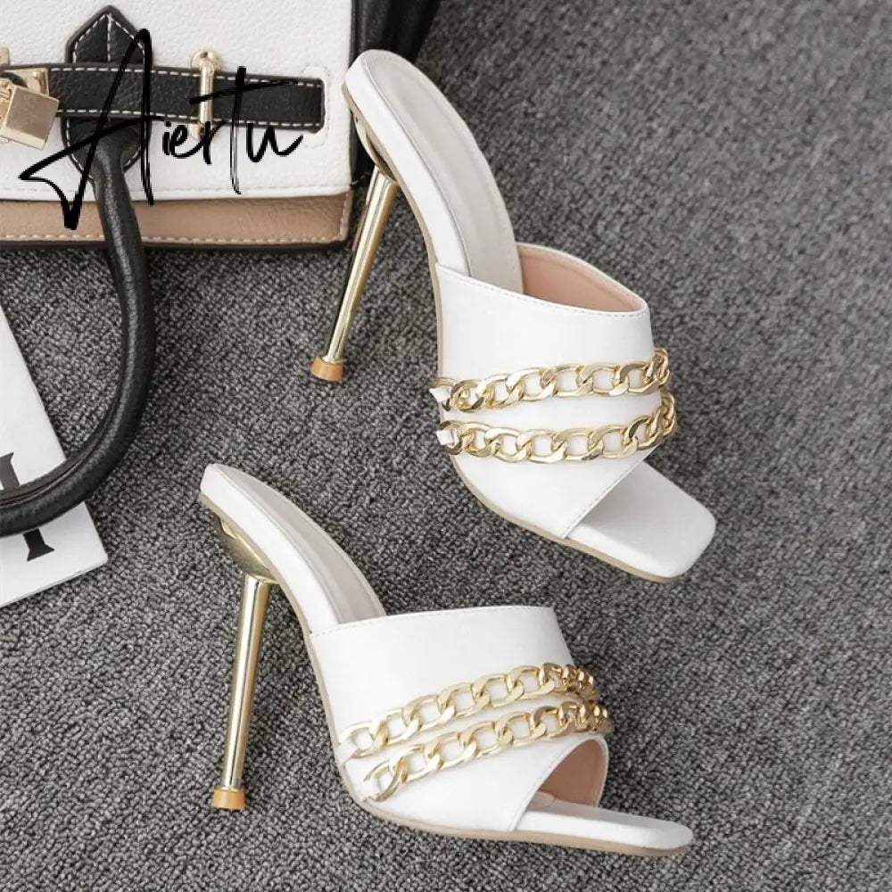 Aiertu Ins style Chains Transparent PVC Women Slippers Fashion Square toe stiletto High heels Mules Sandals Summer Female Slides Shoes Aiertu