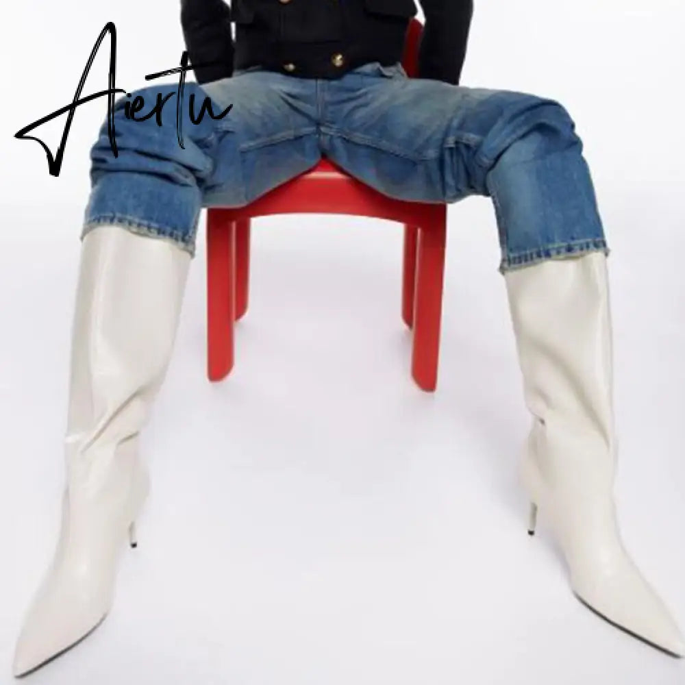 Aiertu Ins Women Real Leather Knee High Boots For Women Winter Shoes Sexy Party Thin Heel Boots Ladies Footwear Size 34-43 Aiertu