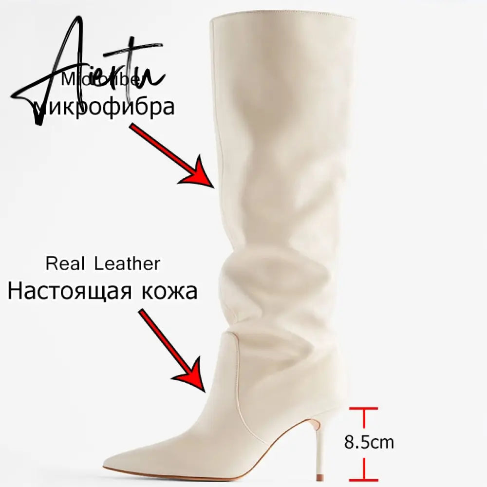 Aiertu Ins Women Real Leather Knee High Boots For Women Winter Shoes Sexy Party Thin Heel Boots Ladies Footwear Size 34-43 Aiertu
